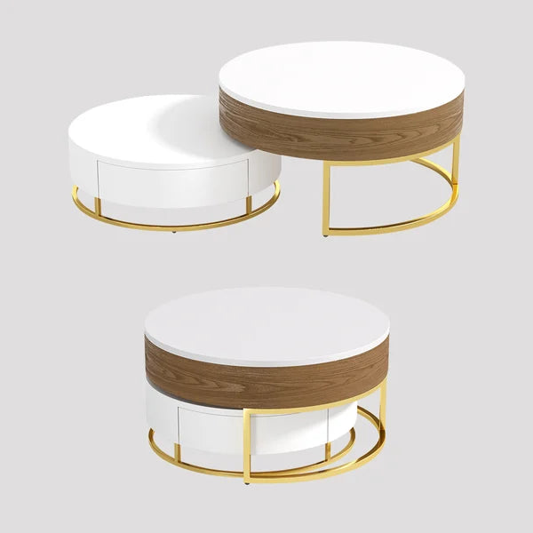 Nesnesis Round Wood Lift-top Nesting Coffee Table with Rotatable Drawers White & Walnut