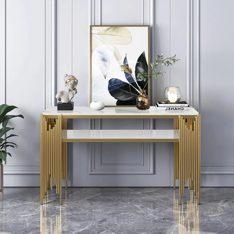 Modern White Faux Marble Narrow Console Table